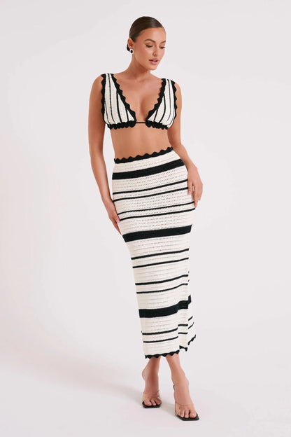 Black and cream striped midi set with scalloped trim and V-neck bikini top