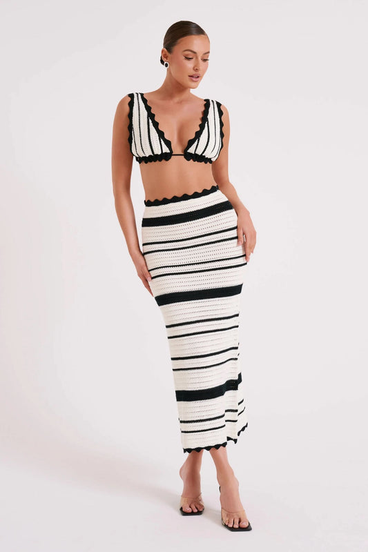 Black and cream striped midi set with scalloped trim and V-neck bikini top