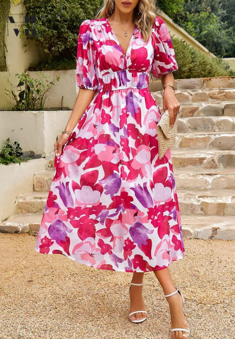 Fuchsia and purple floral midi dress with puffed sleeves and v-neckline