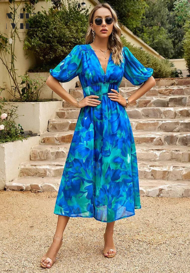 Blue and green abstract floral midi dress with balloon sleeves and empire waist