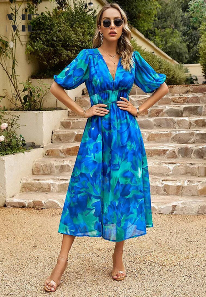 Blue and green abstract floral midi dress with balloon sleeves and empire waist