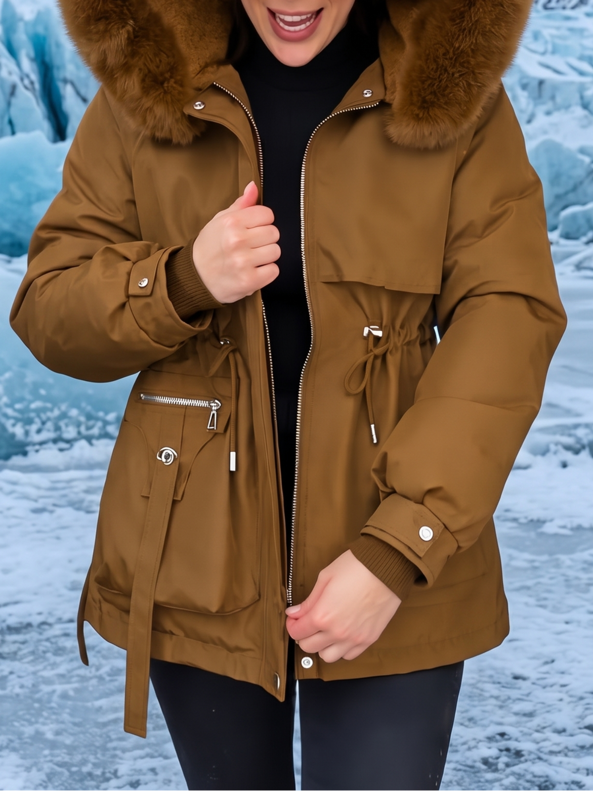 Anaya Faux Fur Trim Quilted Parka - Brown