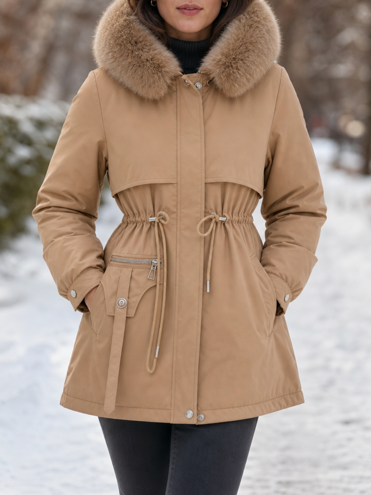 Anaya Faux Fur Trim Quilted Parka - Khaki