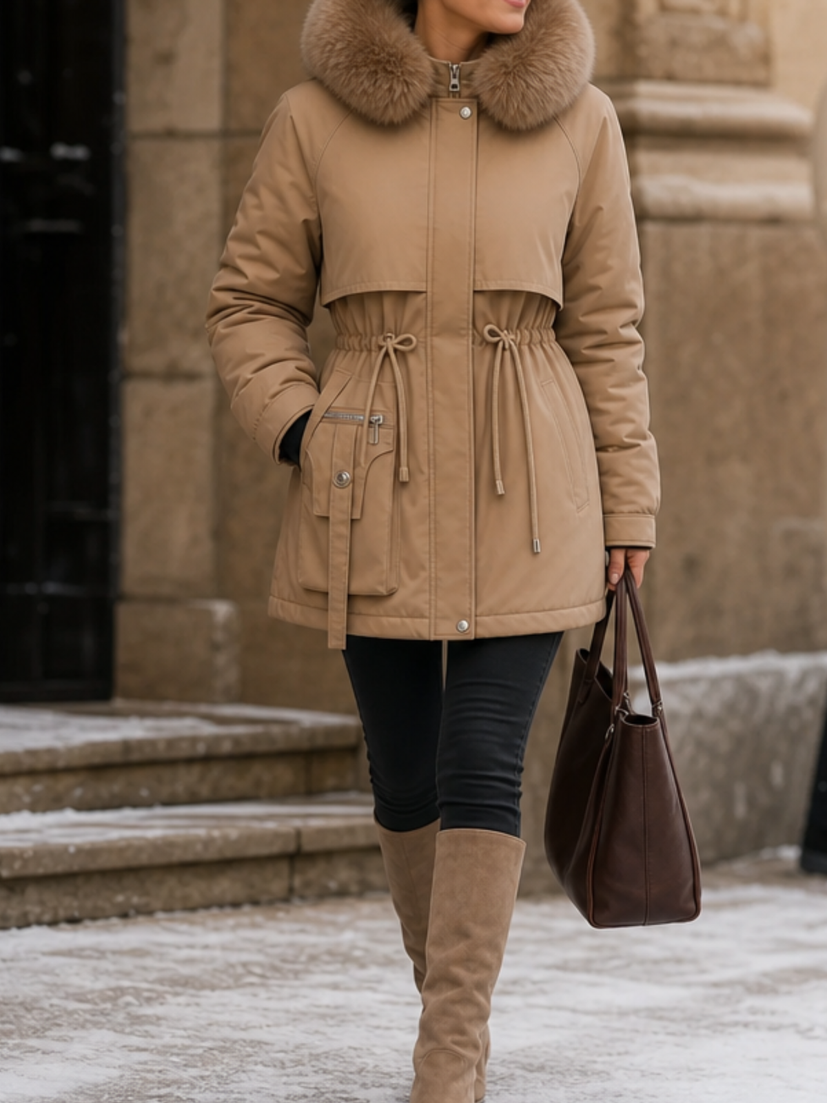 Anaya Faux Fur Trim Quilted Parka - Khaki