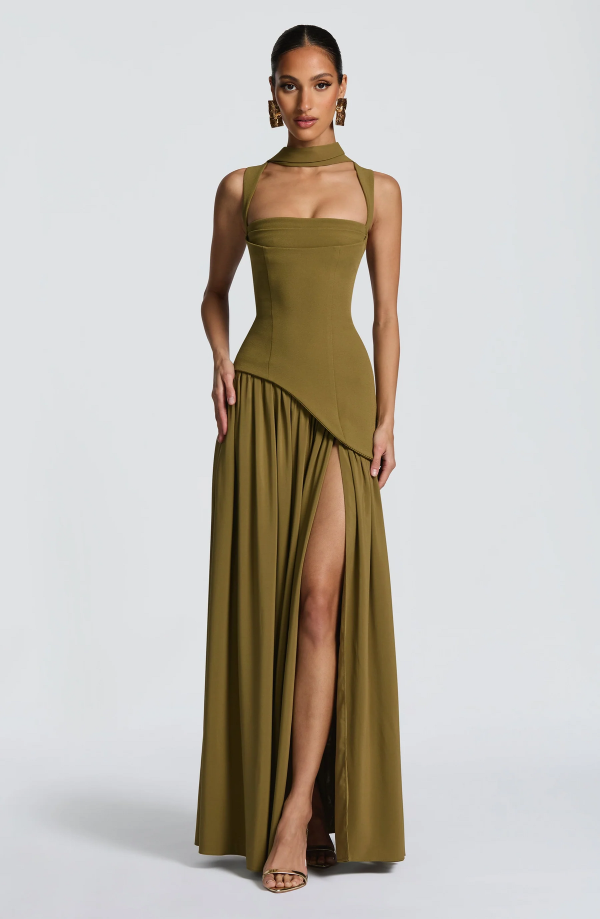 Anja Satin Square-Neck Maxi Dress - Green
