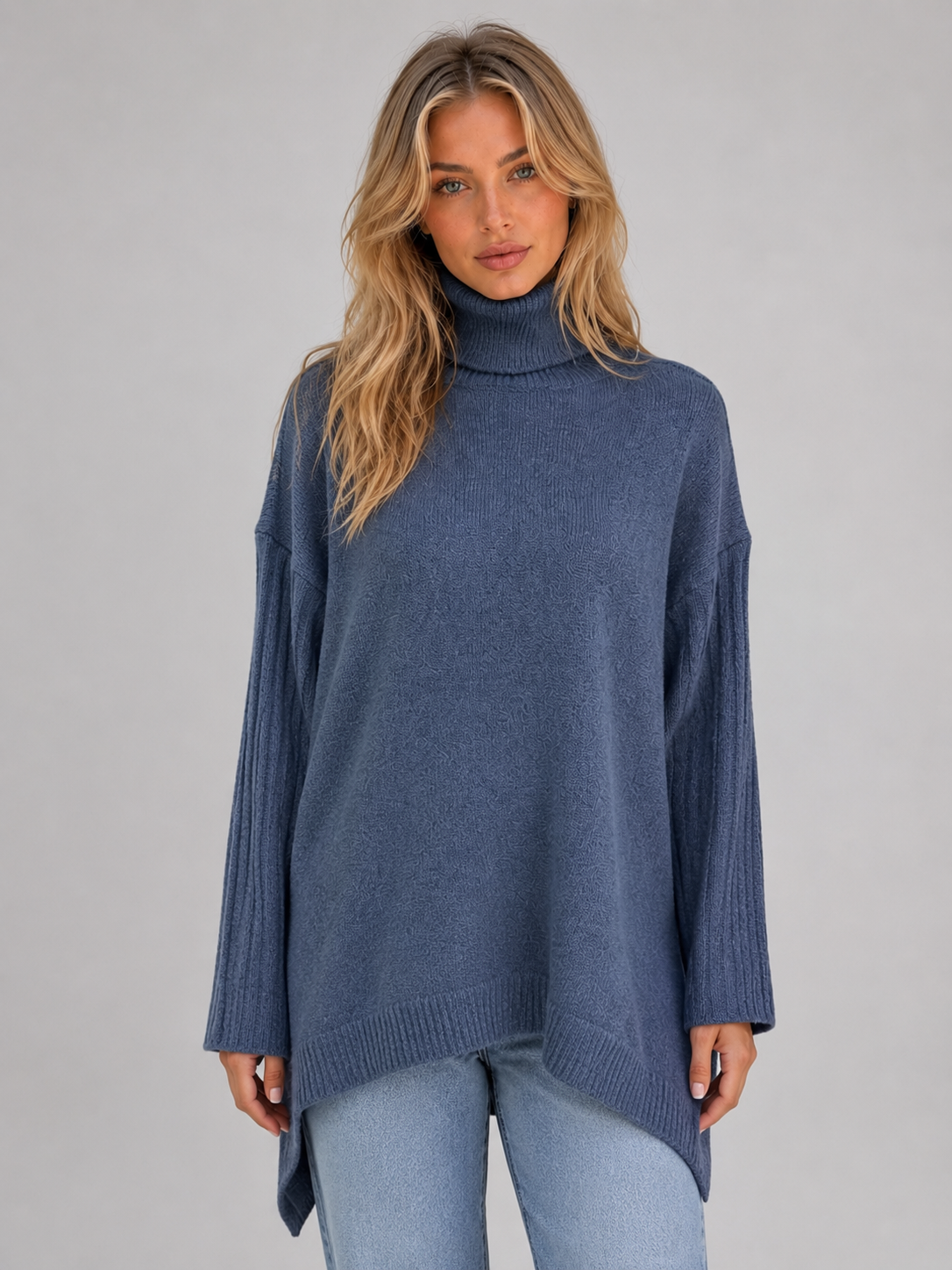 Ansley Roll Neck Oversized Longline Sweater - Blue