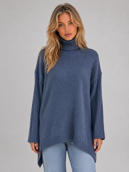 Ansley Roll Neck Oversized Longline Sweater - Blue
