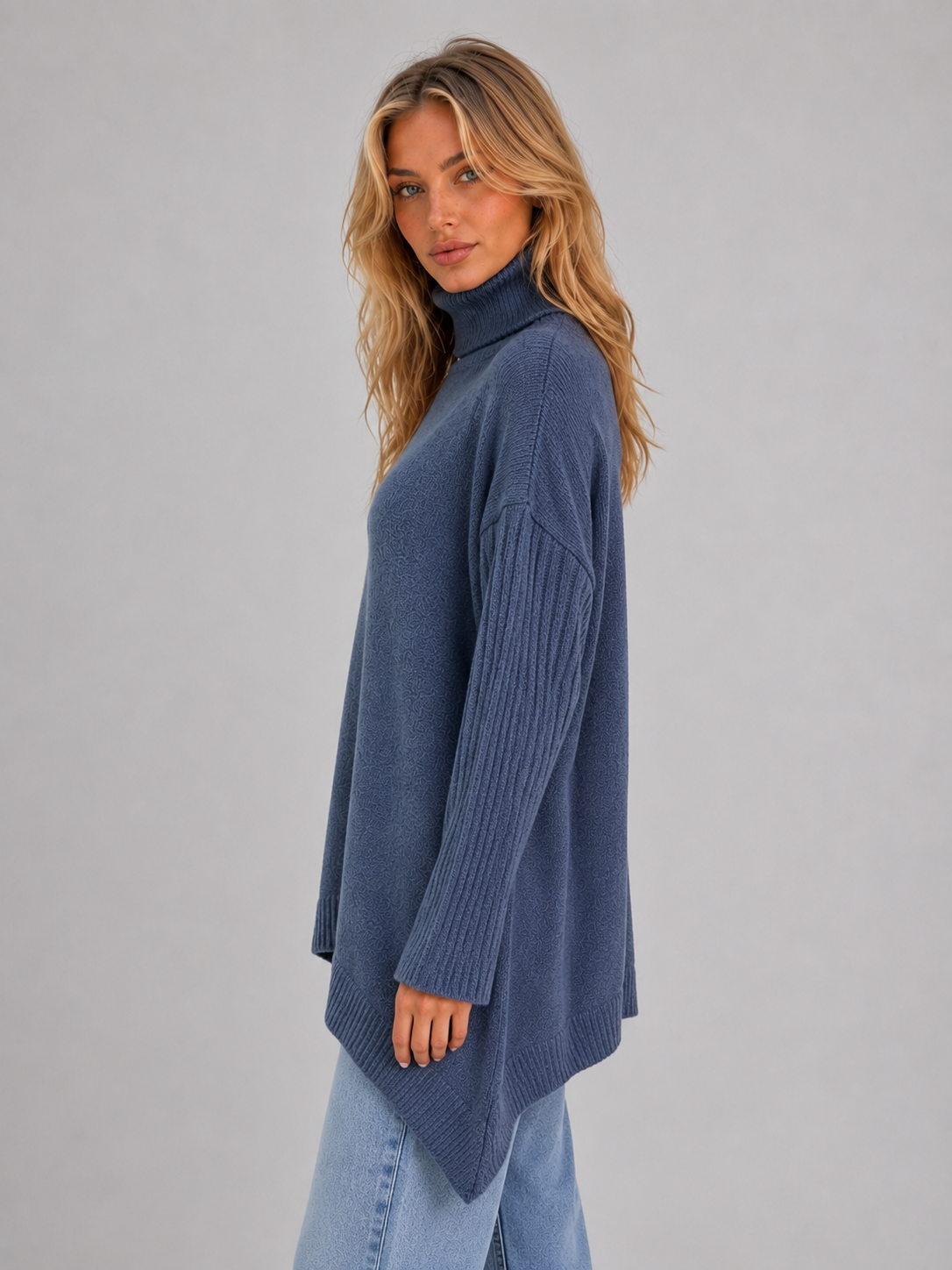 Ansley Roll Neck Oversized Longline Sweater - Blue