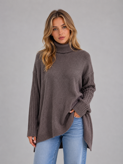 Ansley Roll Neck Oversized Longline Sweater - Brown