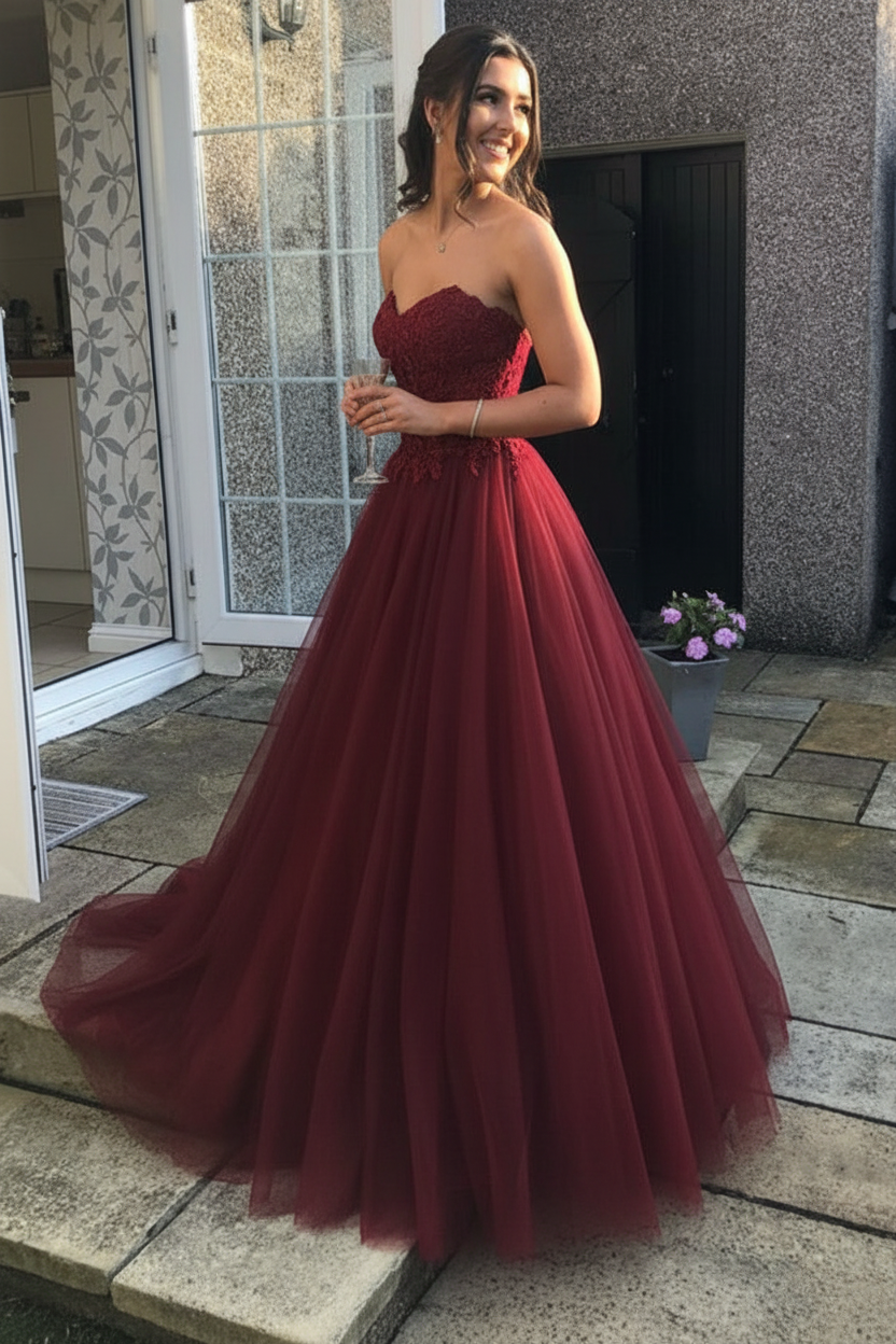 Anthea Lace Tulle Gown - Burgundy