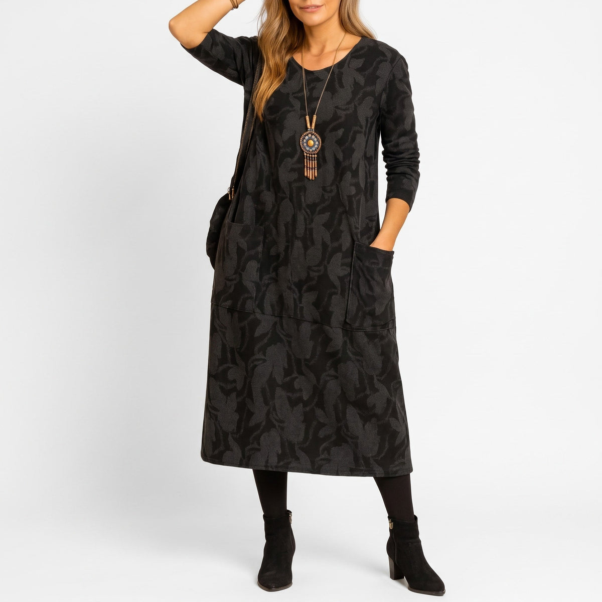 Aphra Leaf Print Long Sleeve Pocket Midi Dress - Black Leaf Print