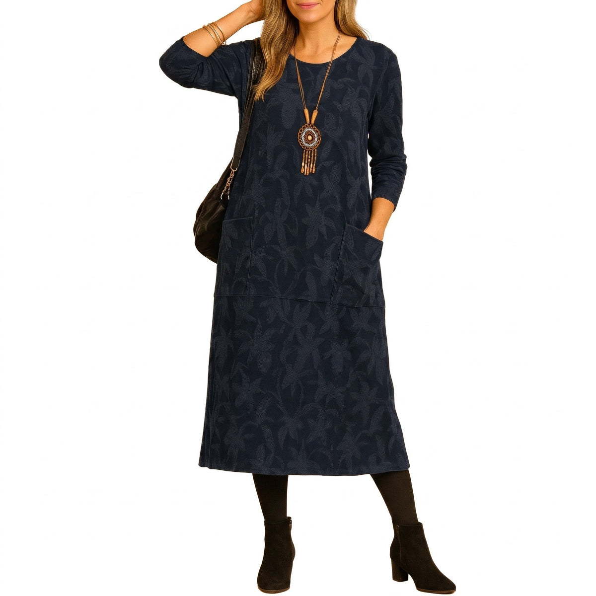 Aphra Leaf Print Long Sleeve Pocket Midi Dress - Navy Leaf Print