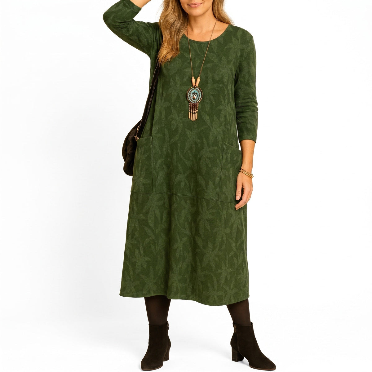 Aphra Leaf Print Long Sleeve Pocket Midi Dress - Olive Leaf Print