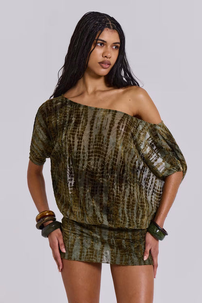 Side view of olive textured mini dress showing draped blouson fit