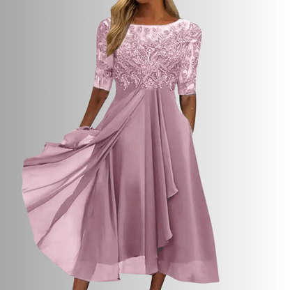 Dusty rose lace midi dress with half sleeves and draped chiffon hem