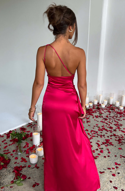 Magenta ruched maxi dress with open back and thin straps, floor-length silhouette