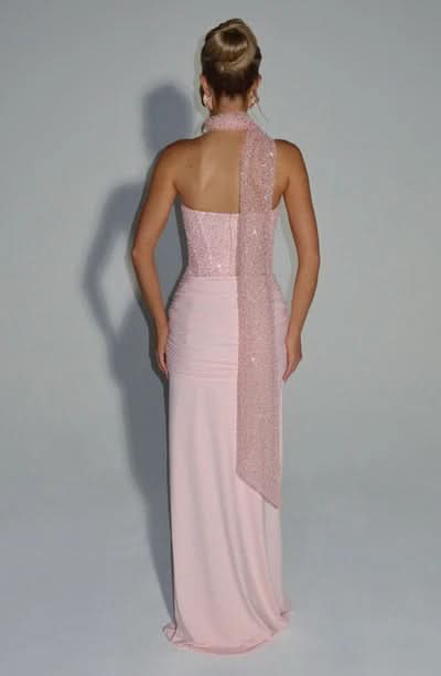 Blush pink sequin maxi dress back view with shawl