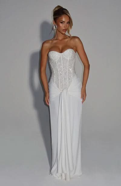 White sequin sweetheart strapless maxi dress
