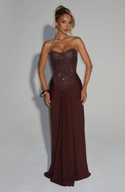 Burgundy sequin sweetheart maxi dress with draped skirt