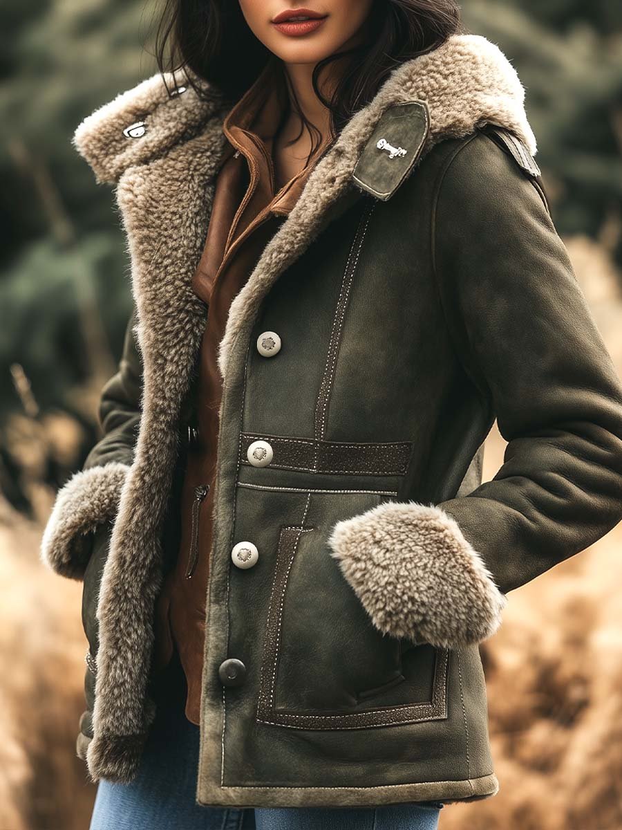 Araminta Shearling-Style Trim Aviator Jacket - Green