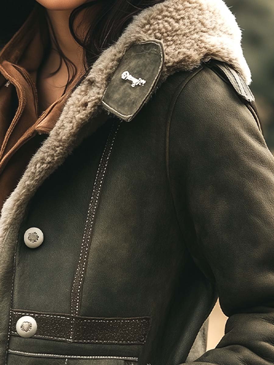 Araminta Shearling-Style Trim Aviator Jacket - Green