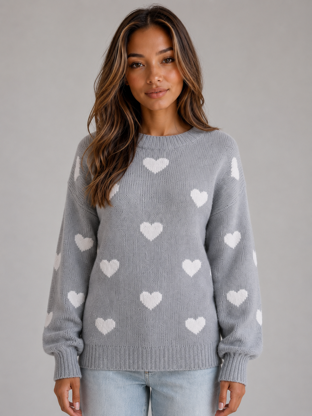 Ardelle Heart Print Crew Neck Sweater - Gray Heart Print