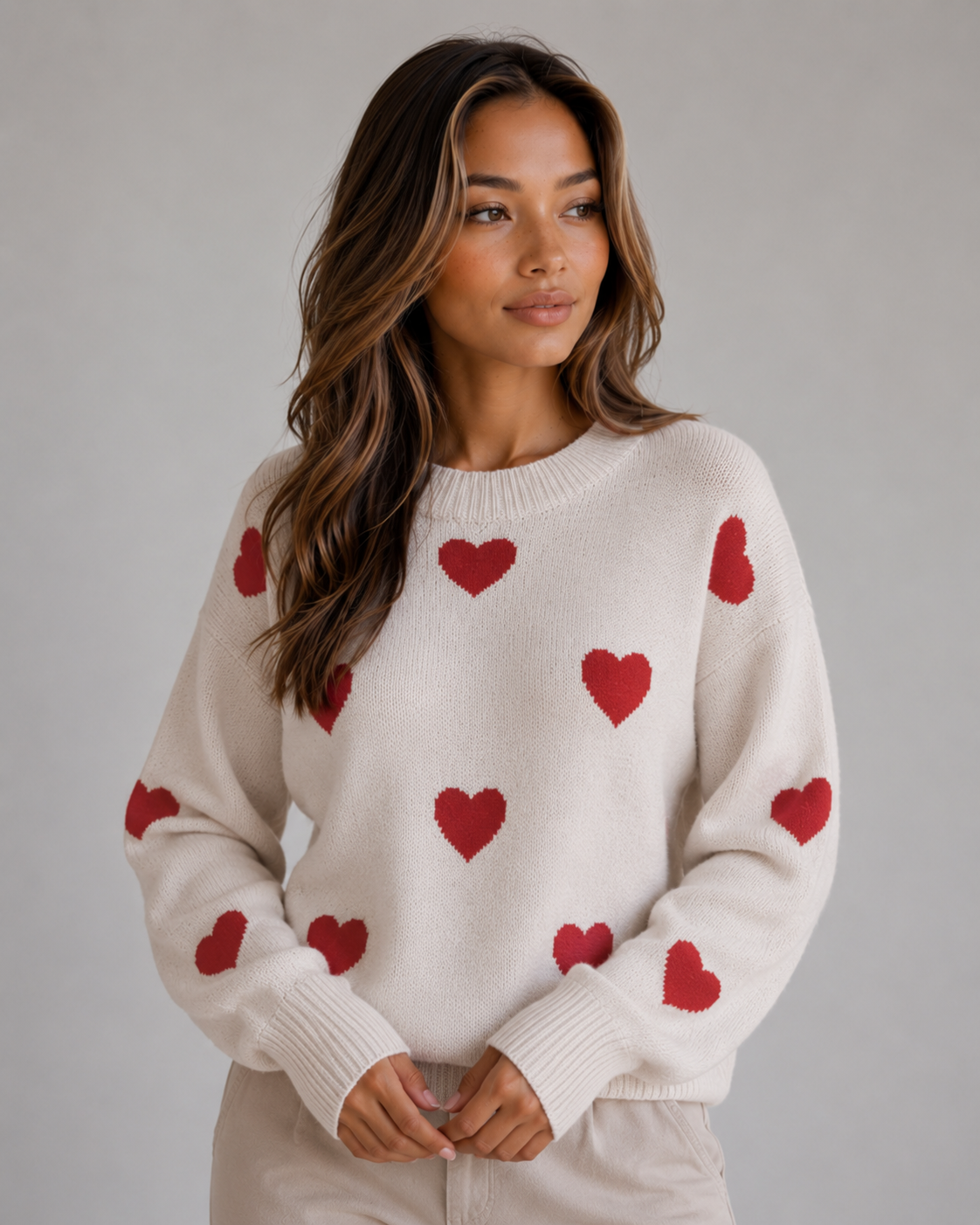 Ardelle Heart Print Crew Neck Sweater - Ivory Heart Print