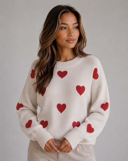 Ardelle Heart Print Crew Neck Sweater - Ivory Heart Print
