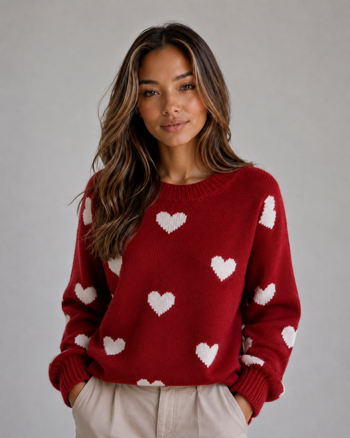 Ardelle Heart Print Crew Neck Sweater - Red Heart Print