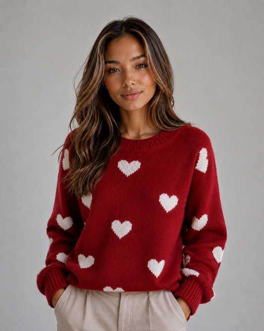 Ardelle Heart Print Crew Neck Sweater - Red Heart Print