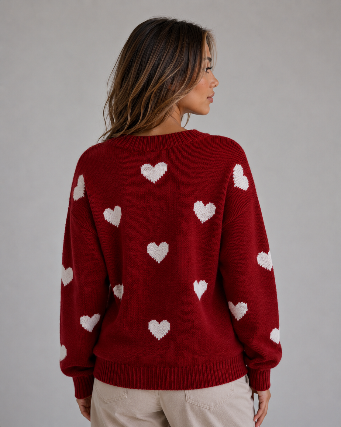 Ardelle Heart Print Crew Neck Sweater - Red Heart Print