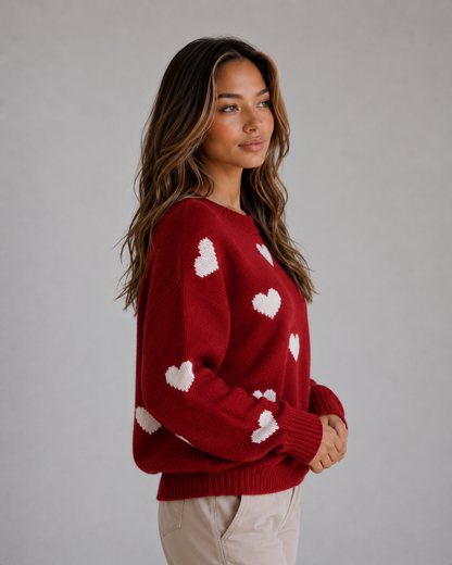 Ardelle Heart Print Crew Neck Sweater - Red Heart Print