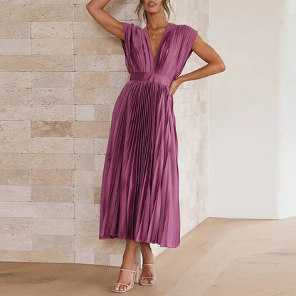 Purple pleated midi dress front view with short sleeves