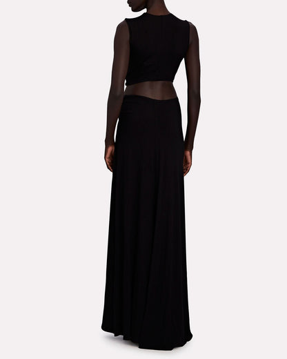 Black cutout maxi dress back view showing sheer mesh panel details