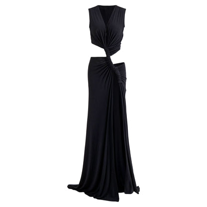 Black cutout maxi dress front view with deep v-neck and twisted waist opening