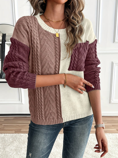 Arla Colorblock Cable Knit Sweater - Burgundy Colorblock