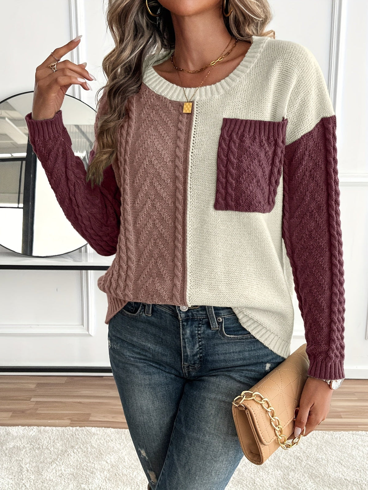 Arla Colorblock Cable Knit Sweater - Burgundy Colorblock