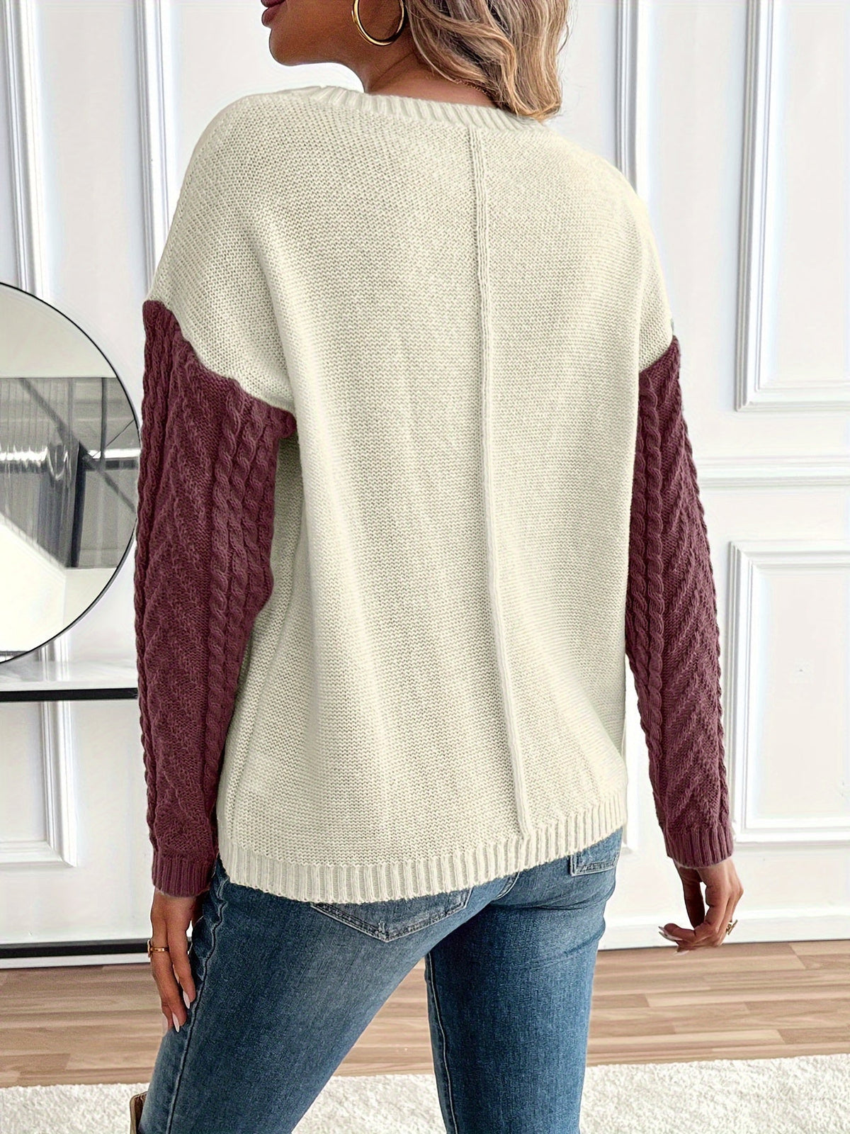 Arla Colorblock Cable Knit Sweater - Burgundy Colorblock