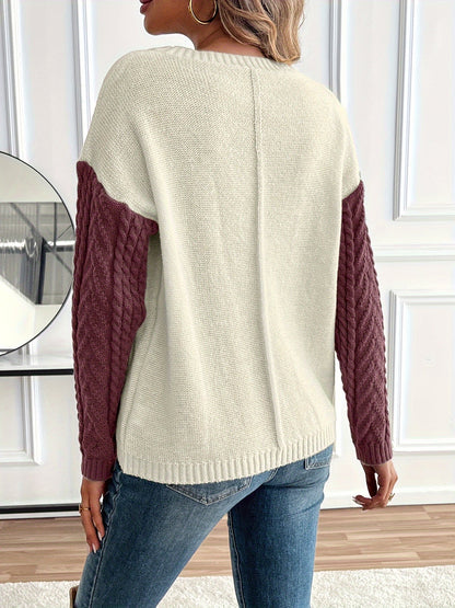 Arla Colorblock Cable Knit Sweater - Burgundy Colorblock
