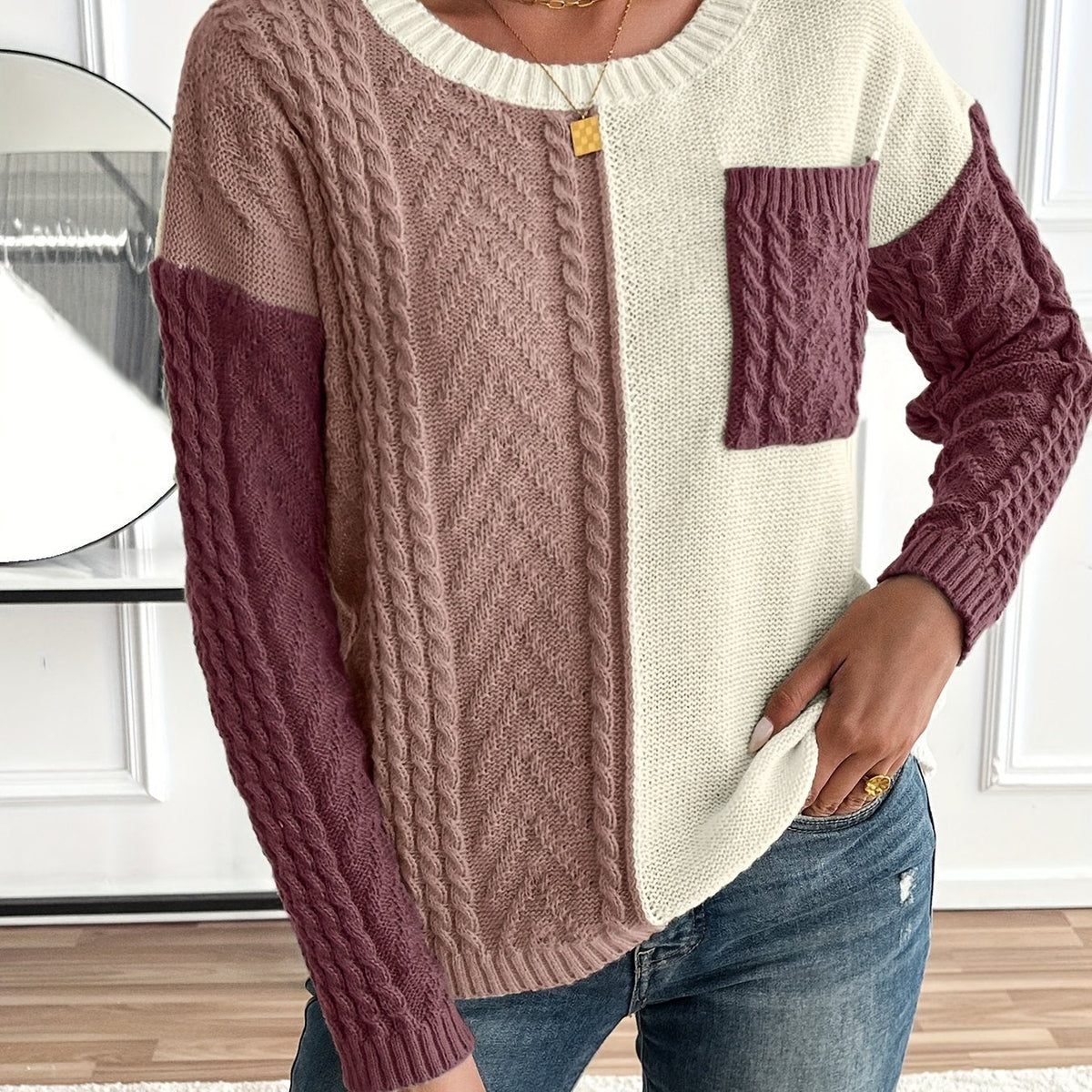 Arla Colorblock Cable Knit Sweater - Burgundy Colorblock