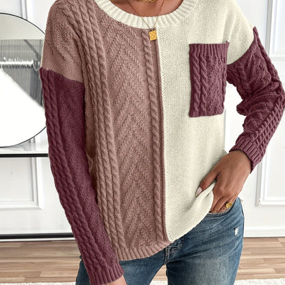 Arla Colorblock Cable Knit Sweater - Burgundy Colorblock
