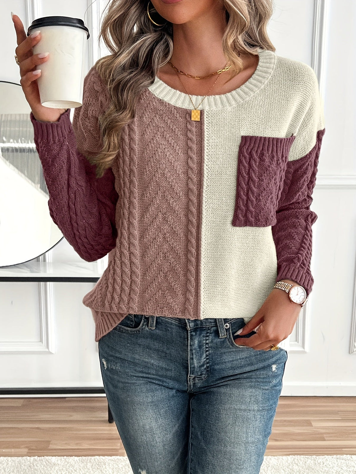 Arla Colorblock Cable Knit Sweater - Burgundy Colorblock