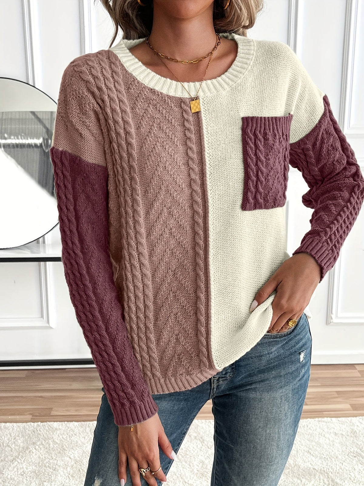 Arla Colorblock Cable Knit Sweater - Burgundy Colorblock