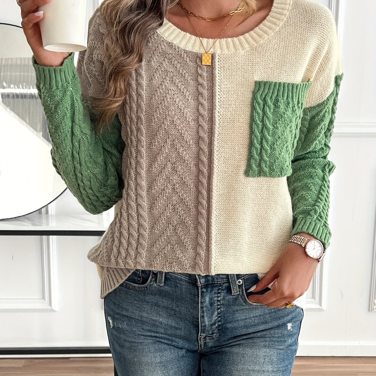 Arla Colorblock Cable Knit Sweater - Green Colorblock