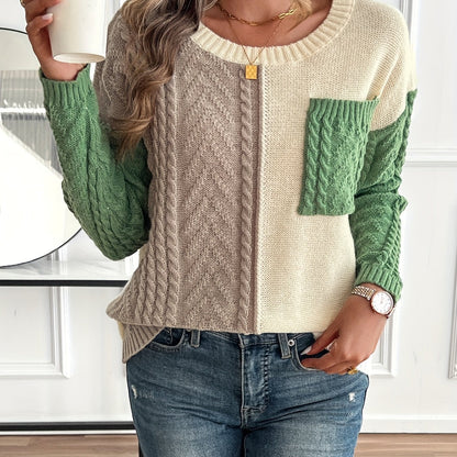 Arla Colorblock Cable Knit Sweater - Green Colorblock