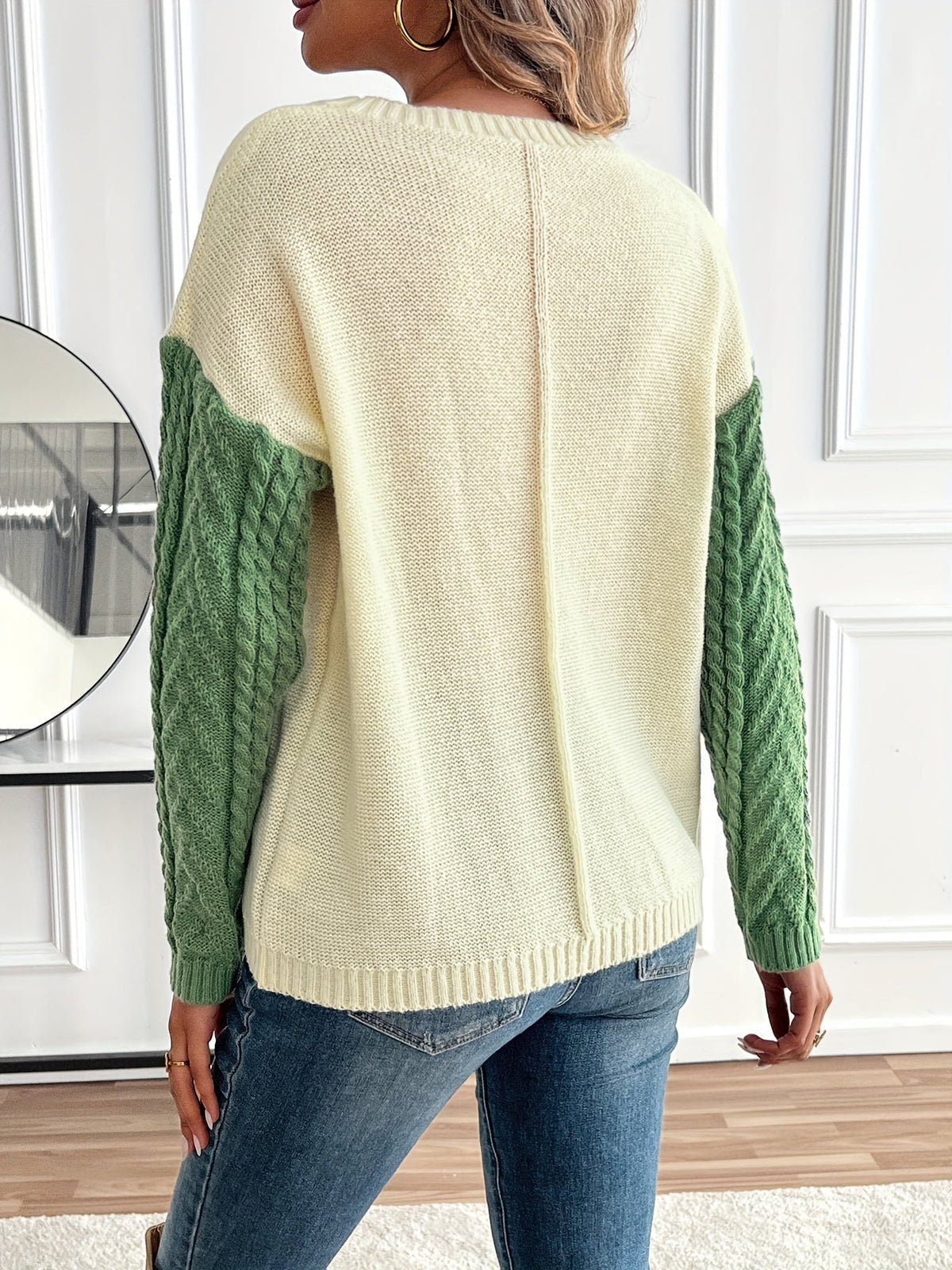 Arla Colorblock Cable Knit Sweater - Green Colorblock
