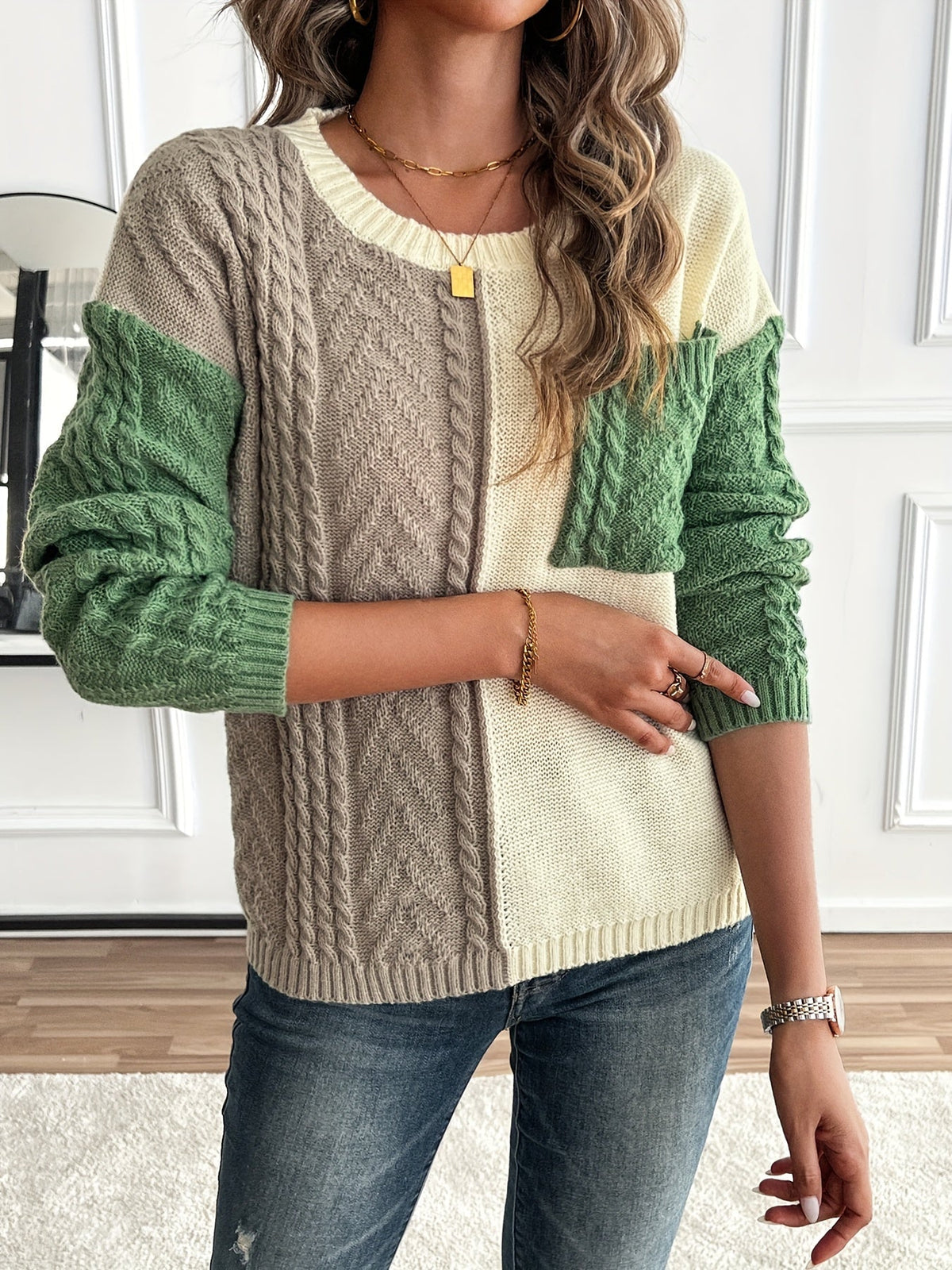 Arla Colorblock Cable Knit Sweater - Green Colorblock