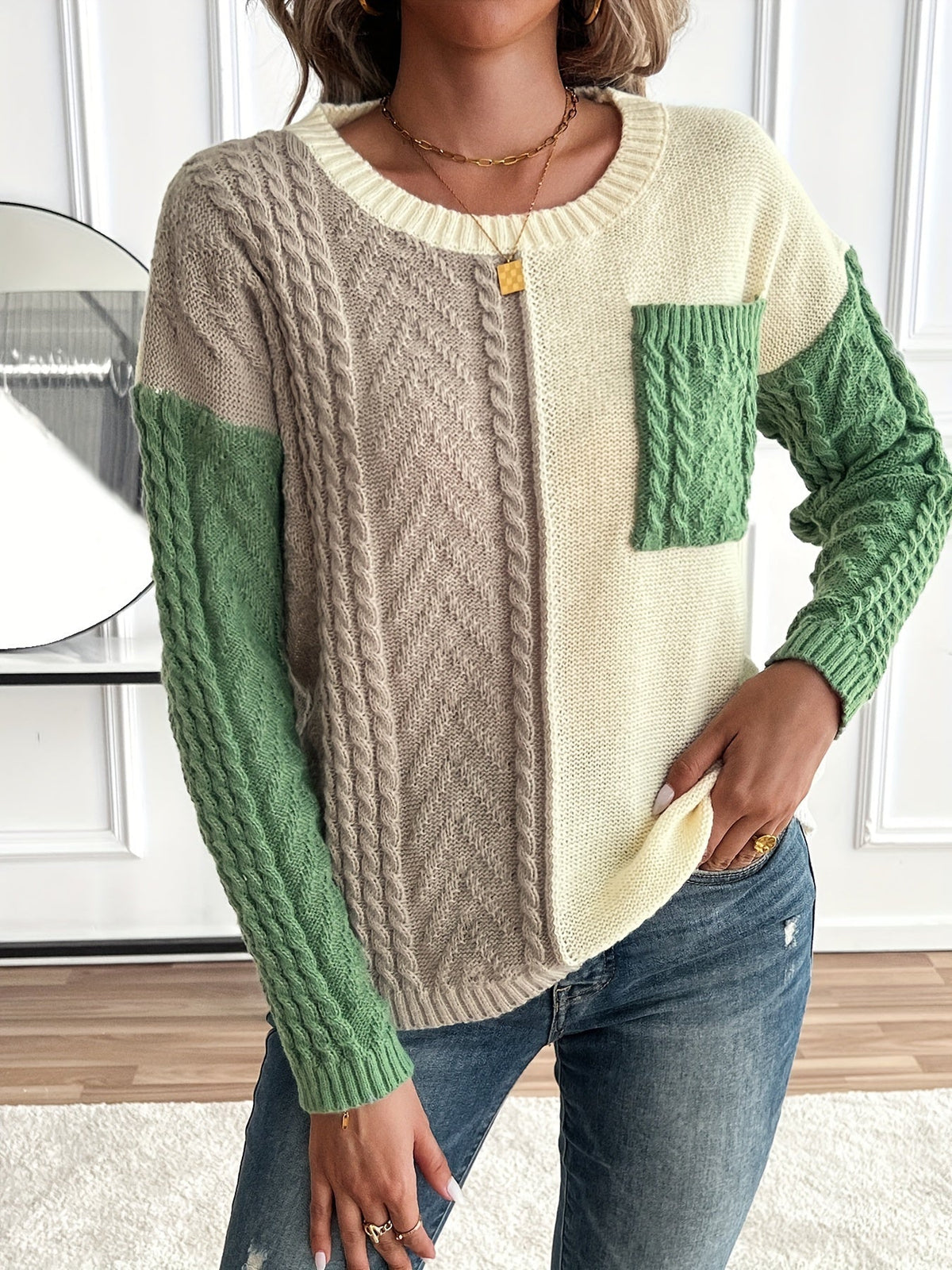 Arla Colorblock Cable Knit Sweater - Green Colorblock