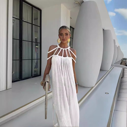 White pleated maxi dress with braided cold-shoulder straps