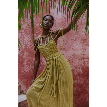 Chartreuse pleated maxi dress with braided waist belt detail